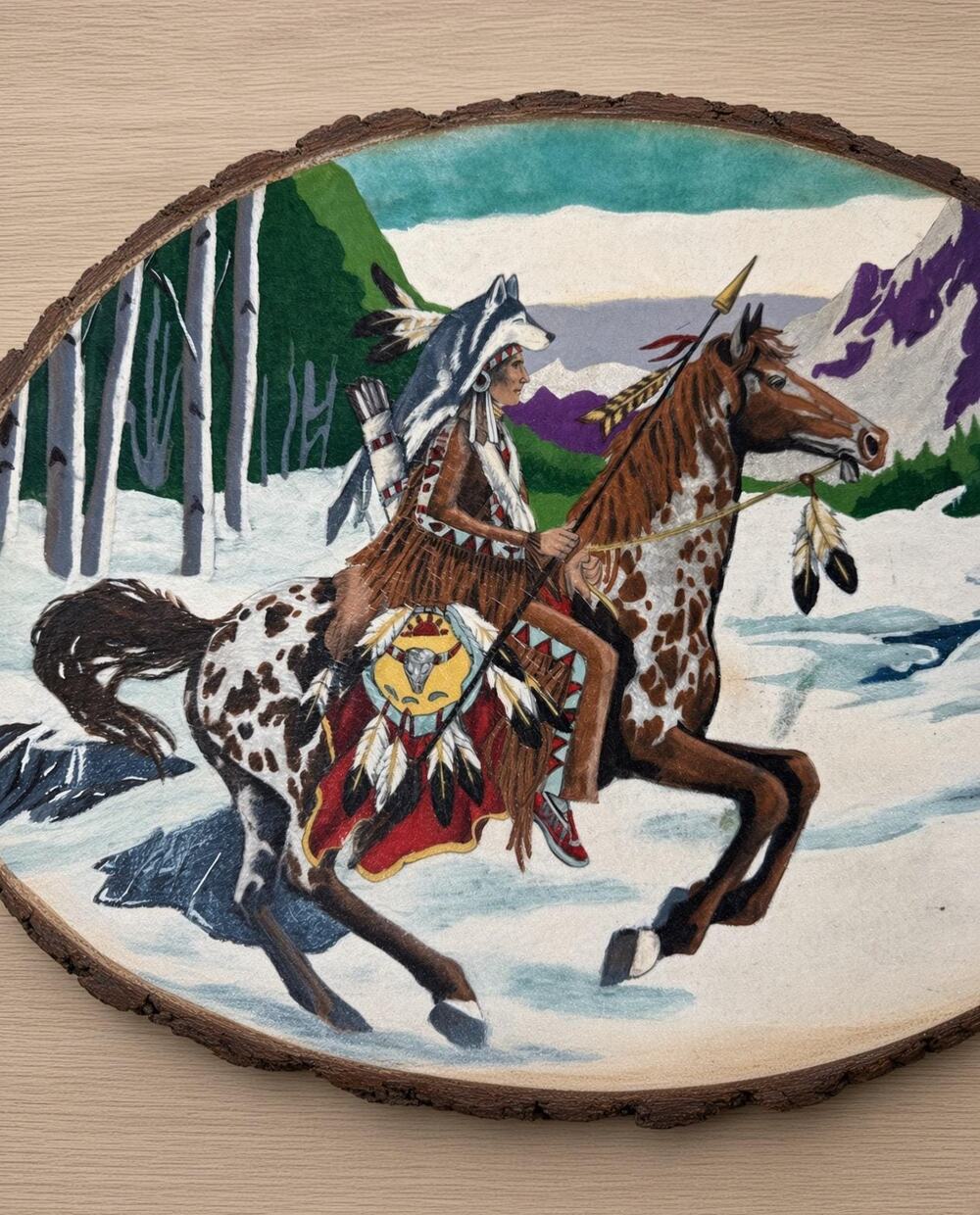Native American Warrior Wood Slice Wall Art, Hand Painted Rustic Cabin Decor